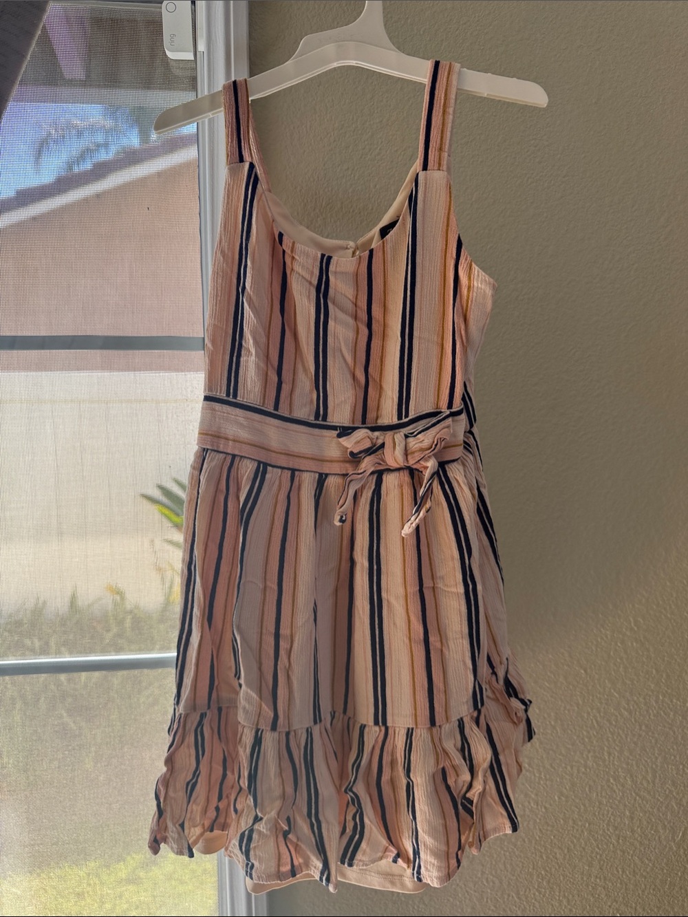 Zunie Peach and Navy Striped Girls' Sundress with Waist Tie